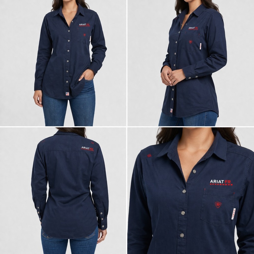 Ariat FR Workwear Shirt Top Womens L Navy Blue Flame Resistant Button‎ Front